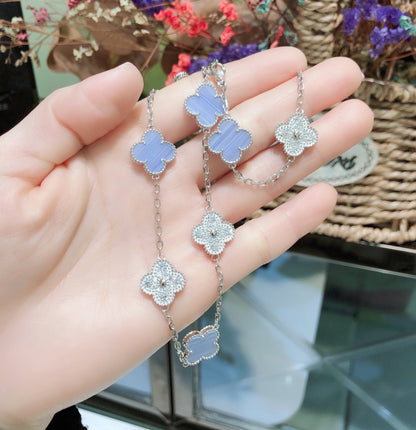 [⭐moonlume]CLOVER 10 MOTIFS CHALCEDONY DIAMONDS SILVER NECKLACE