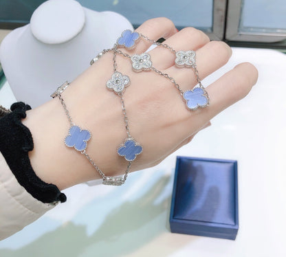 [⭐moonlume]CLOVER 10 MOTIFS CHALCEDONY DIAMONDS SILVER NECKLACE