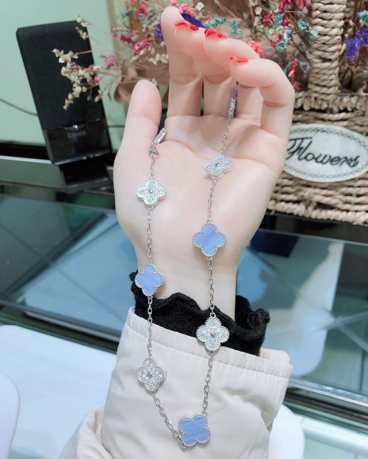 [⭐moonlume]CLOVER 10 MOTIFS CHALCEDONY DIAMONDS SILVER NECKLACE
